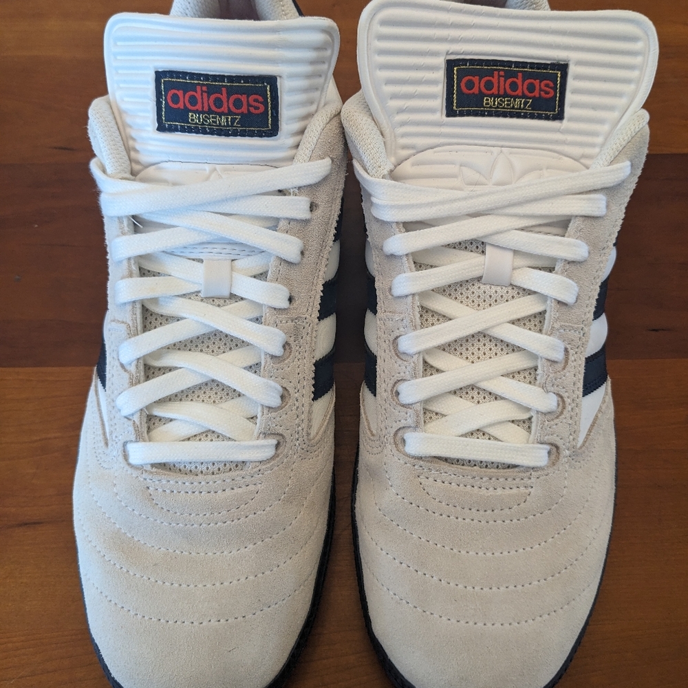 Men's Adidas Busenitz, Colors: White, Off-white, Blue, and Red, Size 11.5
